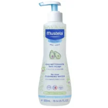 Découvrez l’Eau Nettoyante Sans Rinçage Bio Mustela 300ml, nettoyant doux visage et corps pour bébé, formule naturelle, hypoallergénique et certifiée bio.