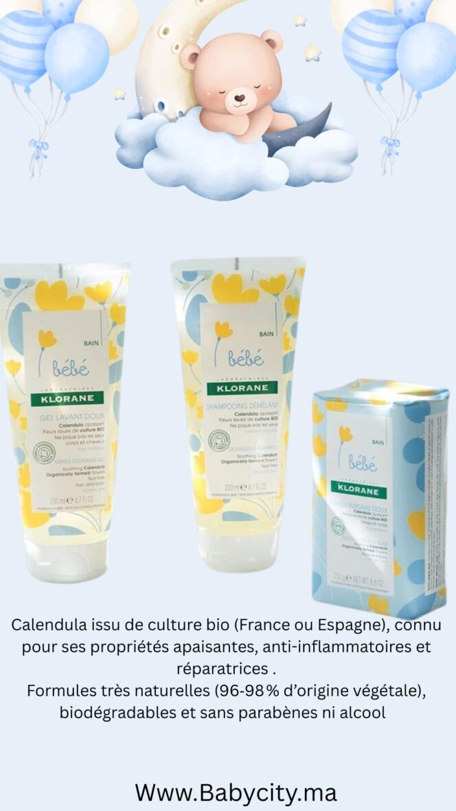 Pack promo Klorane Bébé – Gel Lavant 200ml + Shampooing Démêlant 200ml + Savon Surgras Doux