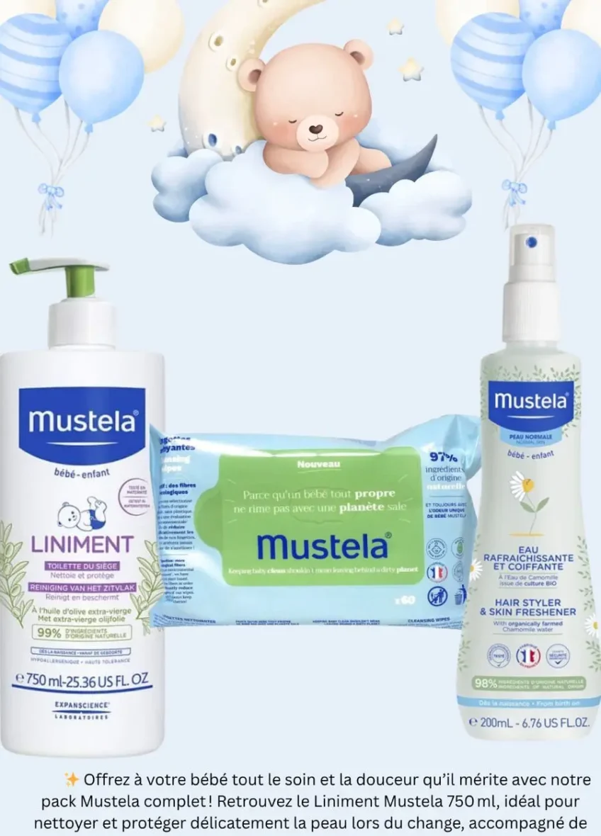 Pack Mustela Soin Intégral Bébé – Liniment 750ml, Lingettes & Eau Coiffante Naturelle