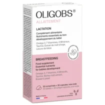 Oligobs Allaitement Oméga 3 est un complément post-partum enrichi en DHA, fer, calcium et vitamines pour soutenir la production de lait, la vitalité de la maman et le développement du bébé allaité.