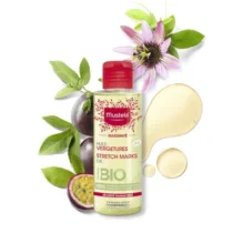 Mustela Huile Vergetures Bio 105ml prévient et réduit les vergetures grâce à sa formule naturelle certifiée bio, nourrissante et réparatrice pour la peau des femmes enceintes et jeunes mamans.
